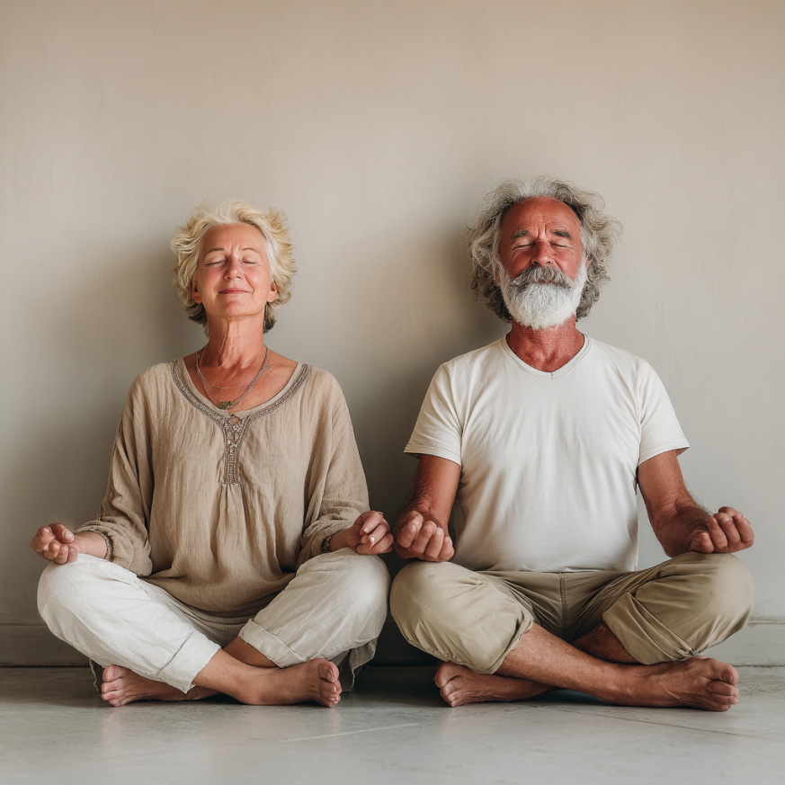 Літня пара займається йогою на природі